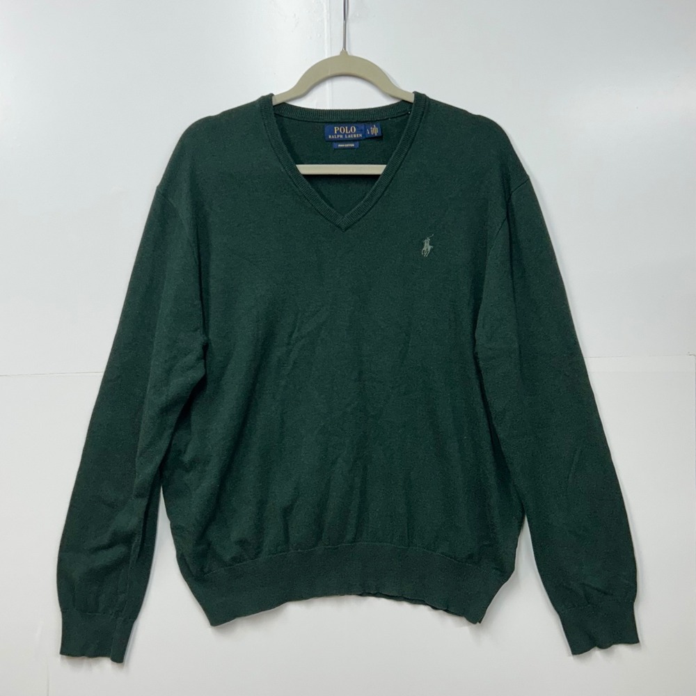 Polo Ralph Lauren Men Large Green Pima Cotton V-Neck Sweater Pony Logo
